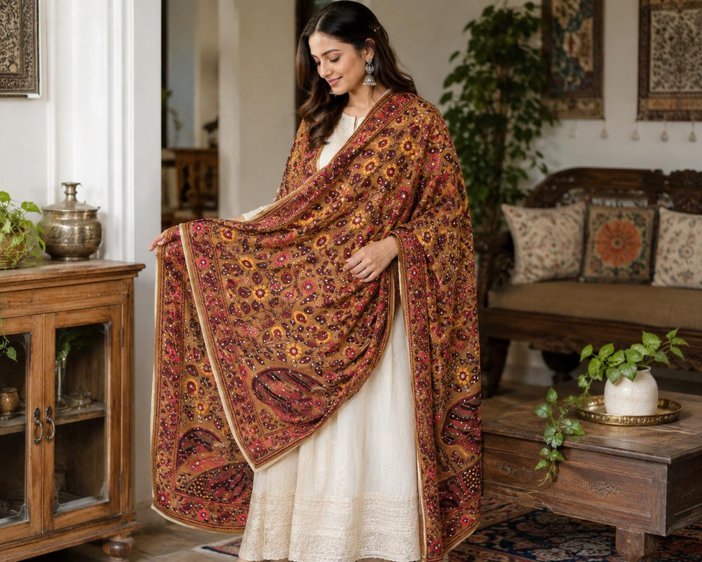 Light brown Multicolour floral Work Dupatta with Mirror Work | Indian Ethnic Festive Scarf