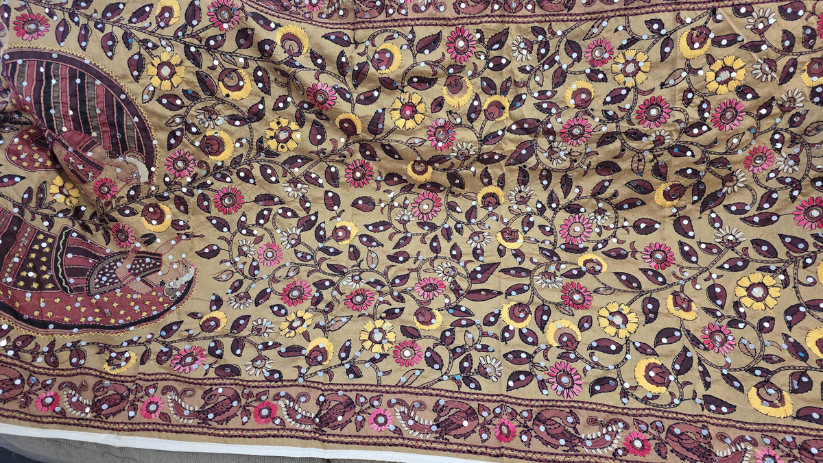 Light brown Multicolour floral Work Dupatta with Mirror Work | Indian Ethnic Festive Scarf