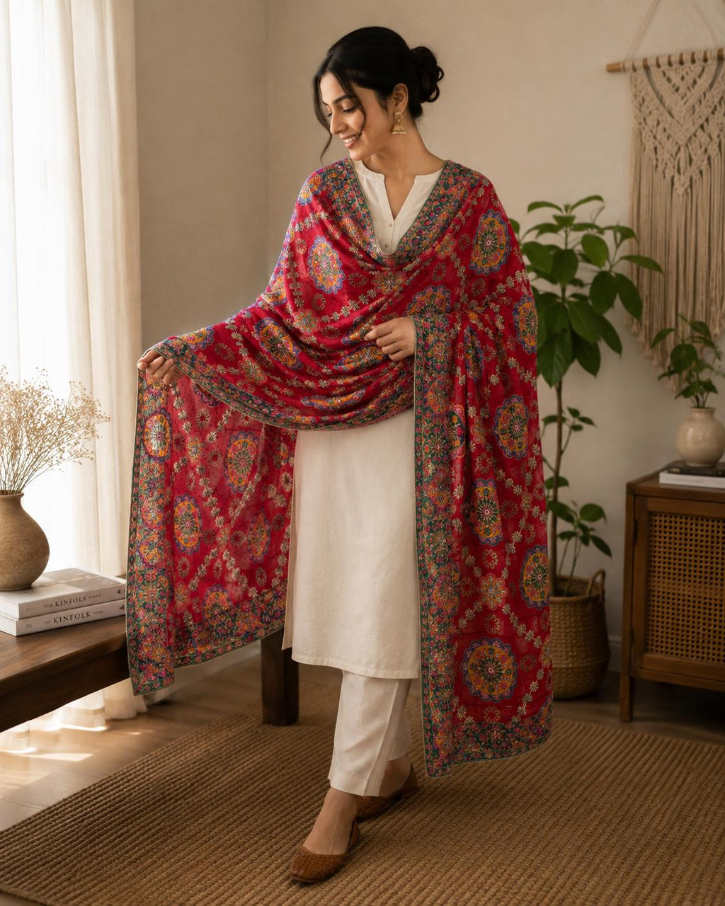 Red Embroidered Georgette Dupatta | Handmade Ethnic Dupatta | Festive Indian Dupatta | Wedding & Party
