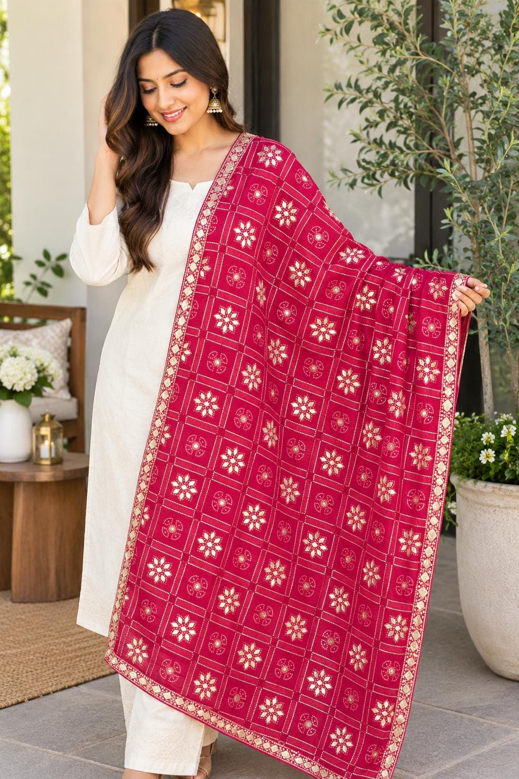 Pure Chinnon Dupatta with Mirror Work | pink Embroidered Dupatta | Indian Chiffon Dupatta | Festive Wedding Scarf | Ethnic