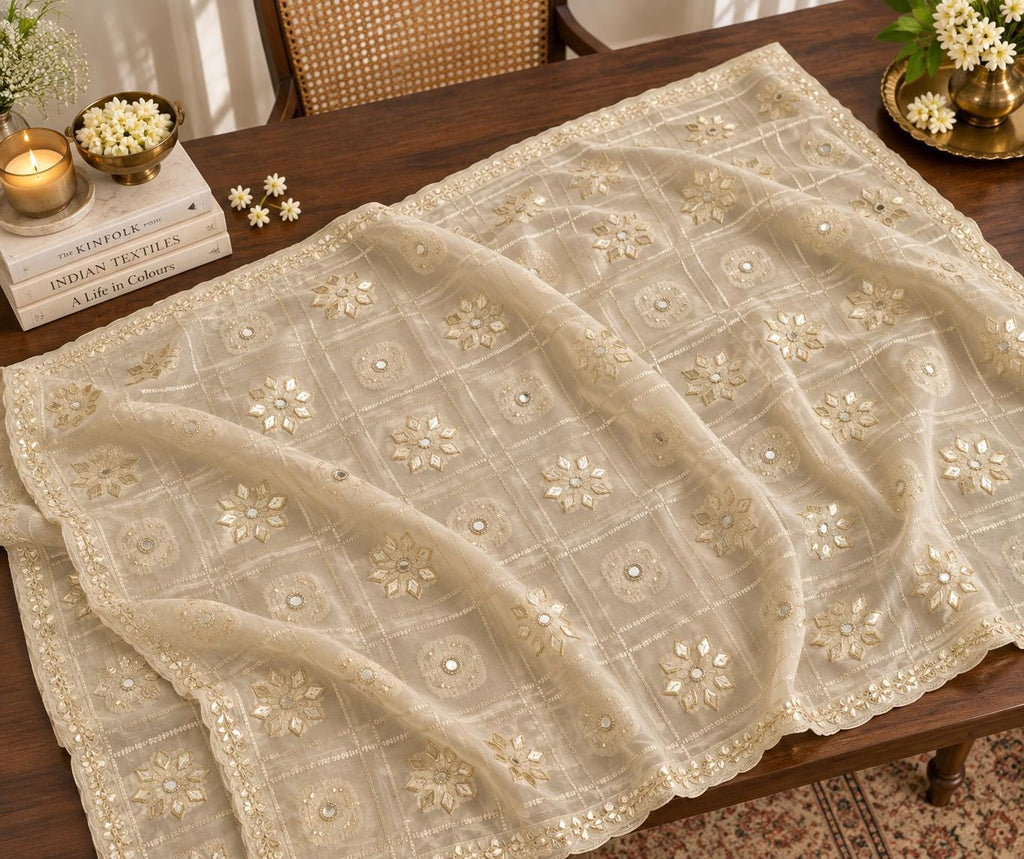 Off white / Ivory Dupatta with Mirror Work | Gold Embroidered Dupatta | Indian Chiffon Dupatta | Festive Wedding Scarf | Ethnic
