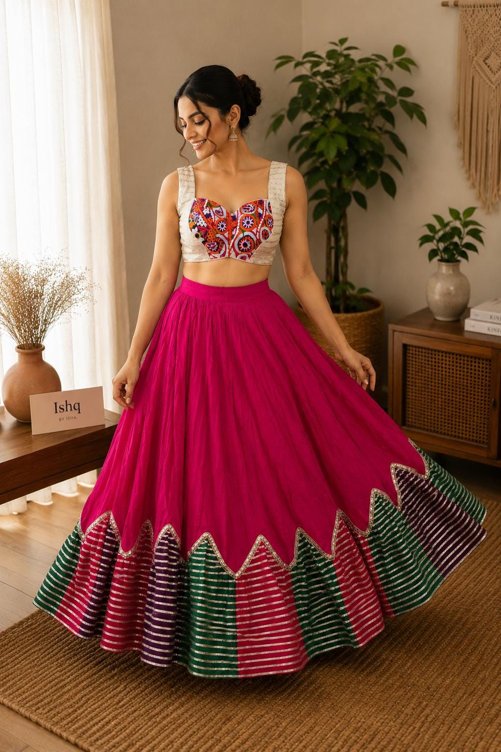 Garba Print Lehenga |Pink Ethnic Skirt | Navratri Ghagra Choli | Handmade Indian Festival Outfit