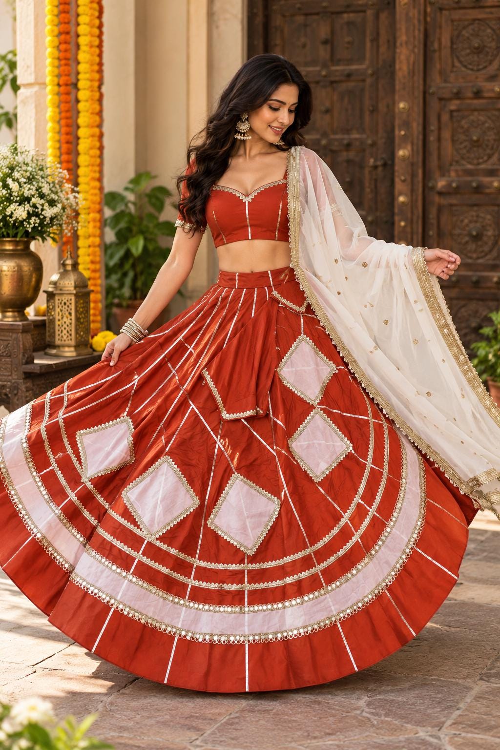 Rust Orange & white Lehenga Set | Indian Wedding Lehenga Choli | Festive Indian Outfit | Garba Navratri Dress | Traditional Ethnic Wear
