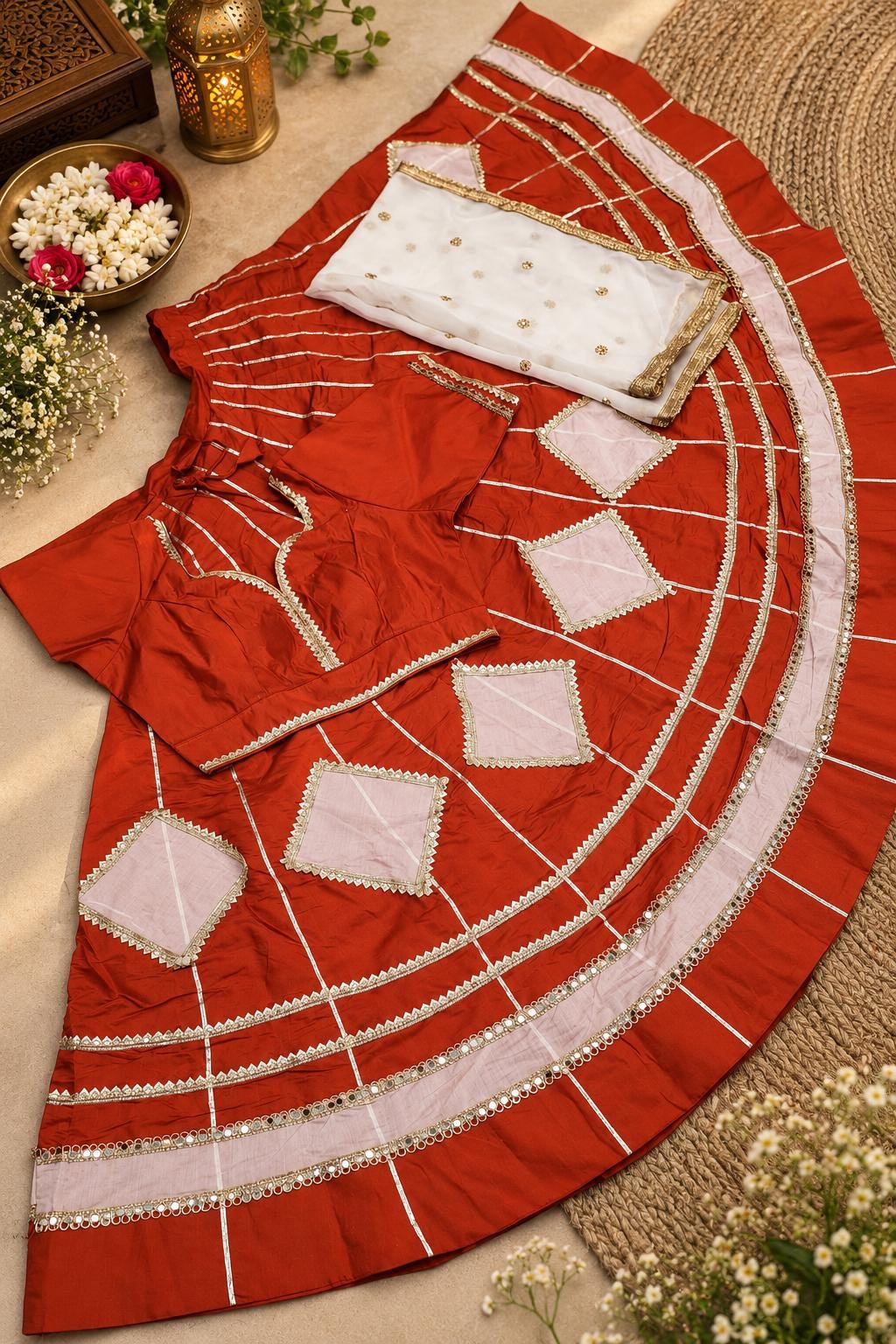 Rust Orange & white Lehenga Set | Indian Wedding Lehenga Choli | Festive Indian Outfit | Garba Navratri Dress | Traditional Ethnic Wear