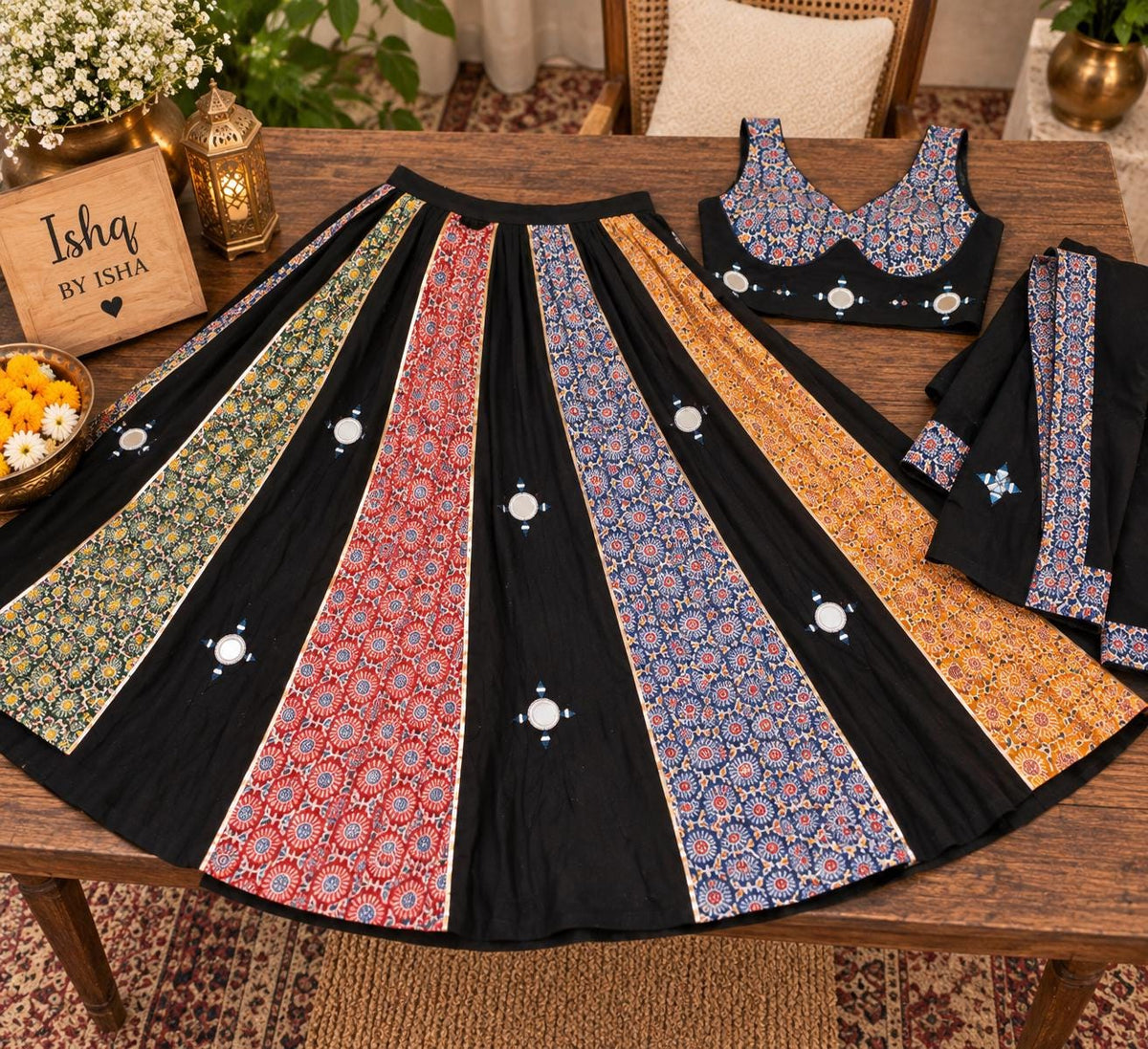 Black Ajrak Lehenga Choli Set | Traditional Indian Garba Outfit