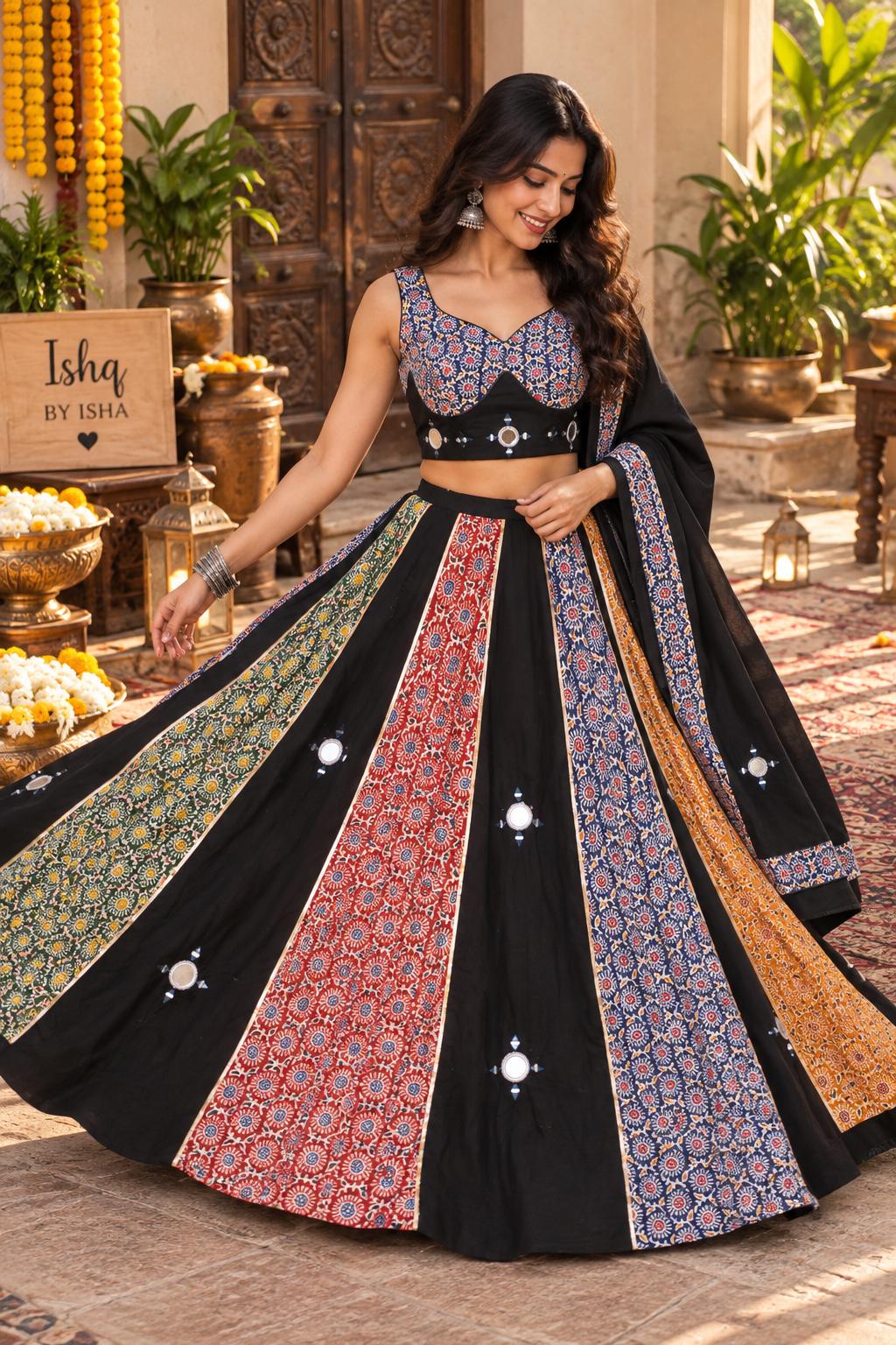 Black Ajrak Lehenga Choli Set | Traditional Indian Garba Outfit
