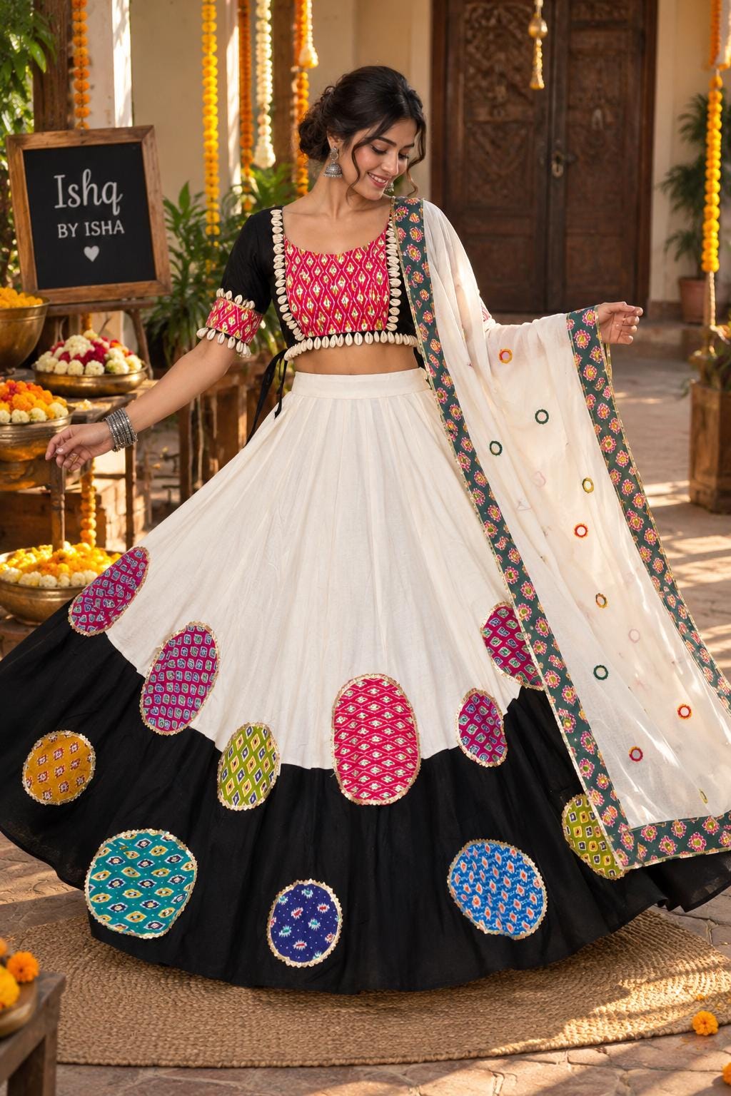Garba black red Multicolour Patch Lehenga |white&black Ethnic Skirt | Navratri Ghagra Choli | Handmade Indian Festival Outfit