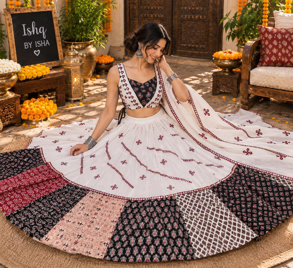 White & mutllticolour Patchwork Lehenga Set | Indian Festive Lehenga Choli | Navratri Garba Outfit | Wedding Wear | Boho Ethnic Indian Dress
