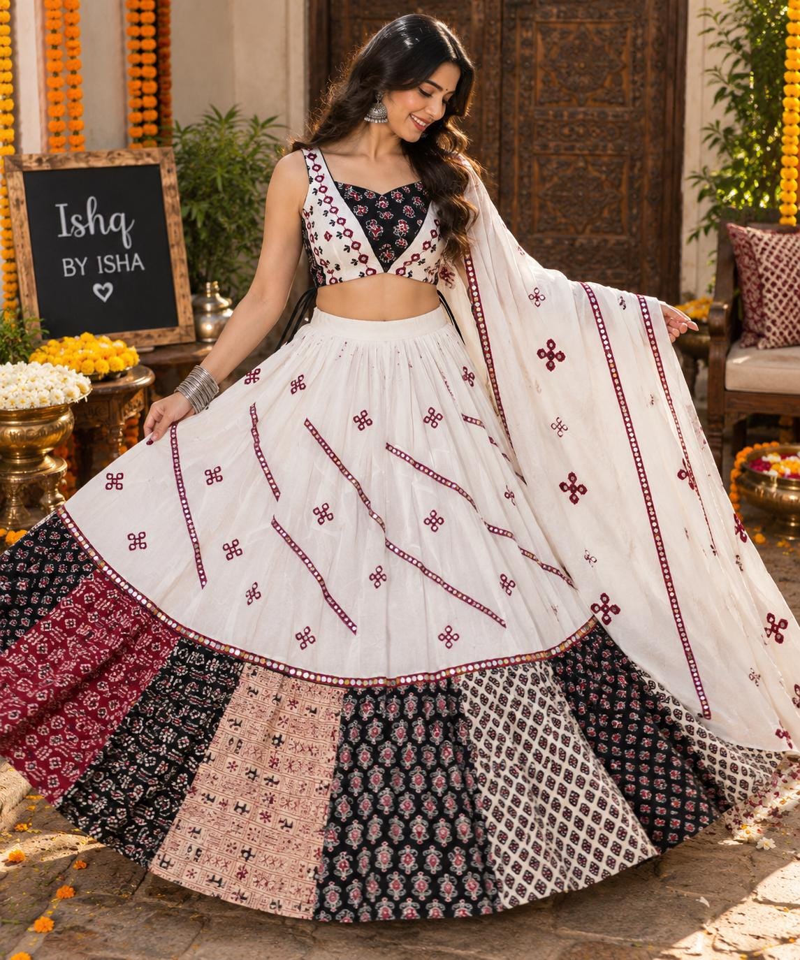 White & mutllticolour Patchwork Lehenga Set | Indian Festive Lehenga Choli | Navratri Garba Outfit | Wedding Wear | Boho Ethnic Indian Dress