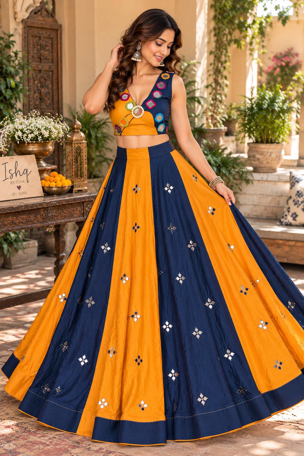 Navy Blue & Mustard Yellow Mirror Work Lehenga Set | Navratri Garba Outfit
