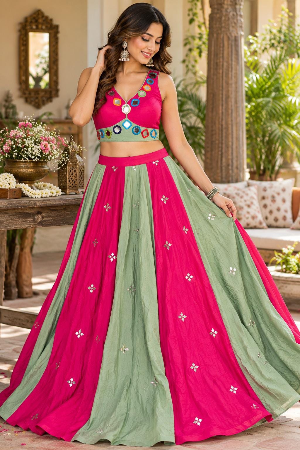 Pink Green Mirror Work Lehenga Choli | Navratri Garba Outfit