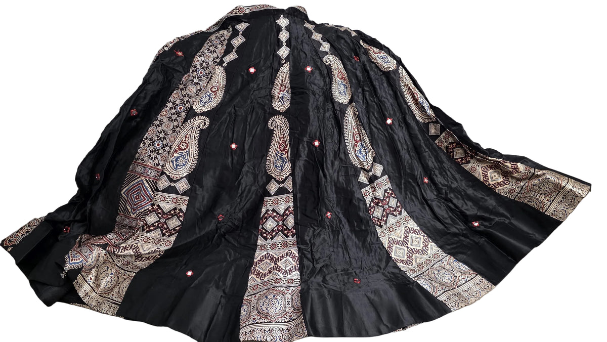 Black Gajji Silk Patchwork Lehenga Set | Mirror Work Blouse with dupatt | Indian Navratri Outfit | Garba Chaniya Choli | Festive Ethnic Wear