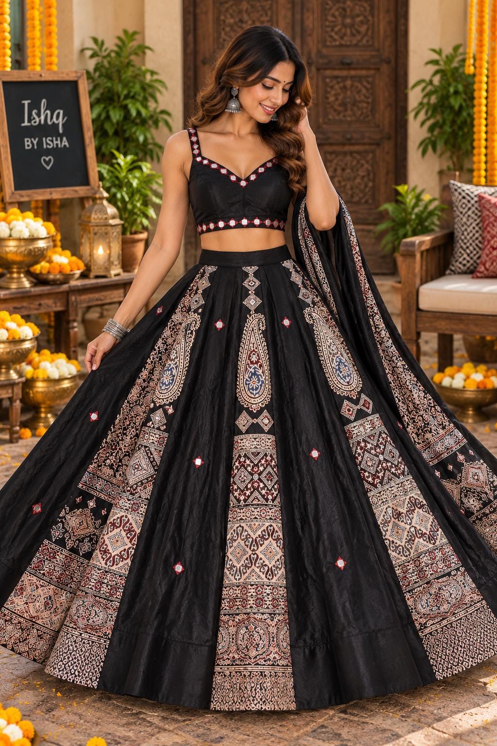 Black Gajji Silk Patchwork Lehenga Set | Mirror Work Blouse with dupatt | Indian Navratri Outfit | Garba Chaniya Choli | Festive Ethnic Wear