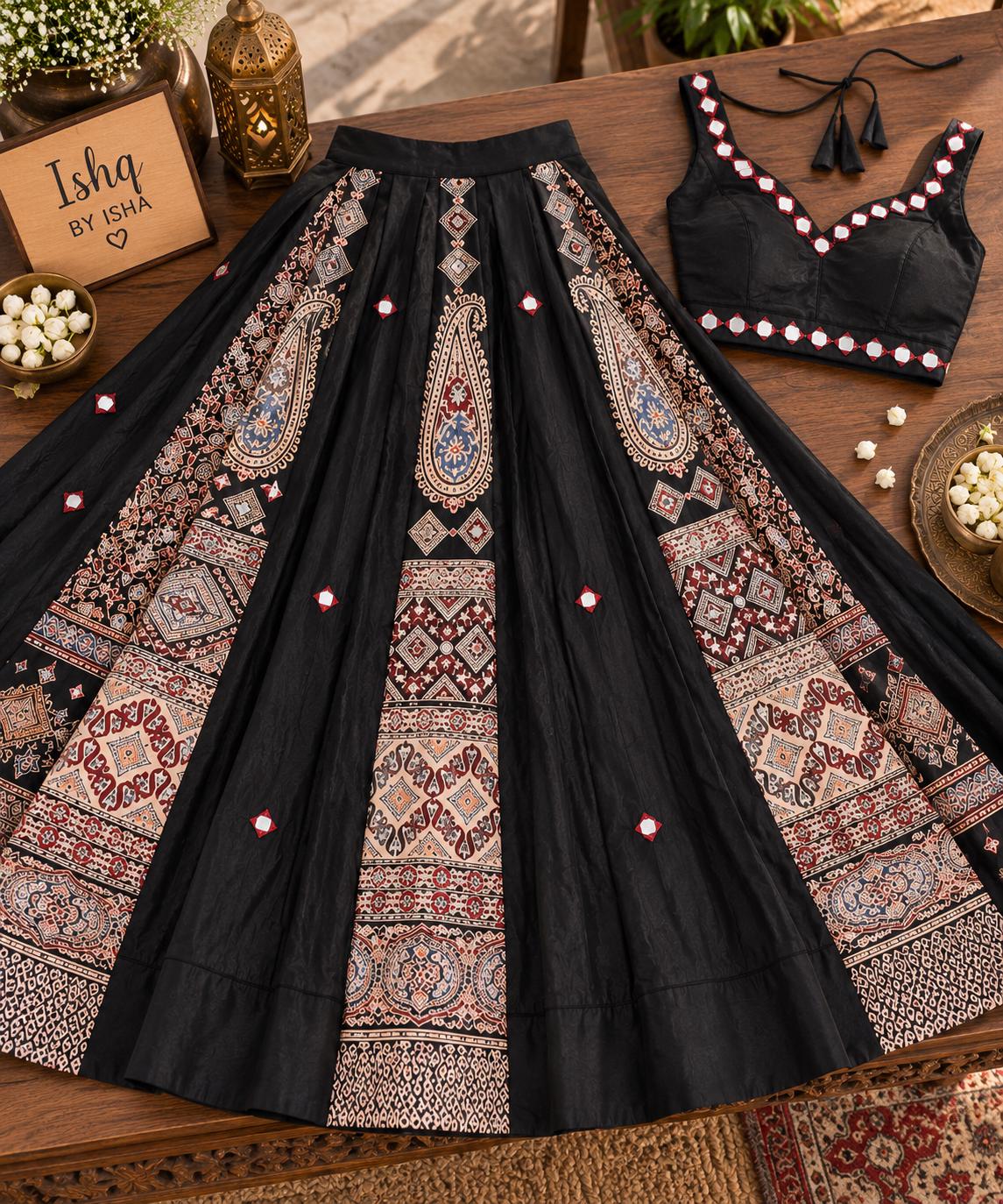 Black Gajji Silk Patchwork Lehenga Set | Mirror Work Blouse with dupatt | Indian Navratri Outfit | Garba Chaniya Choli | Festive Ethnic Wear