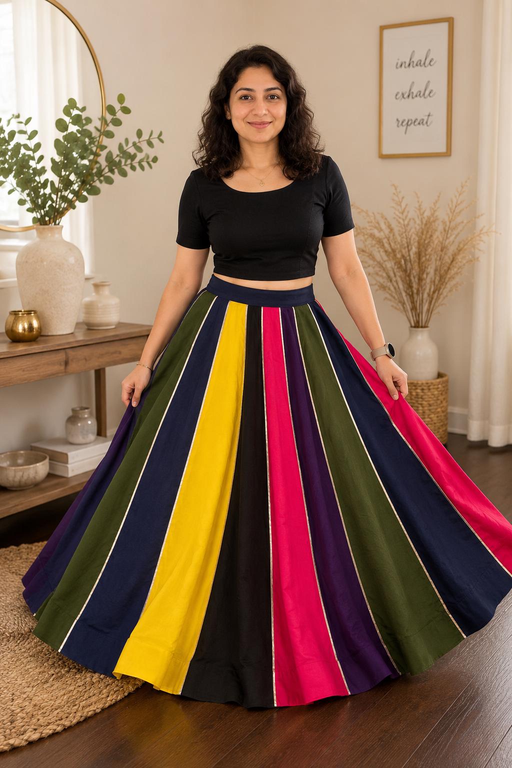 Multicolour Lehenga Skirt | Indian Ethnic Skirt | Garba Navratri Lehenga | Gold & Silver Border Skirt | Bollywood Style Festival Skirt