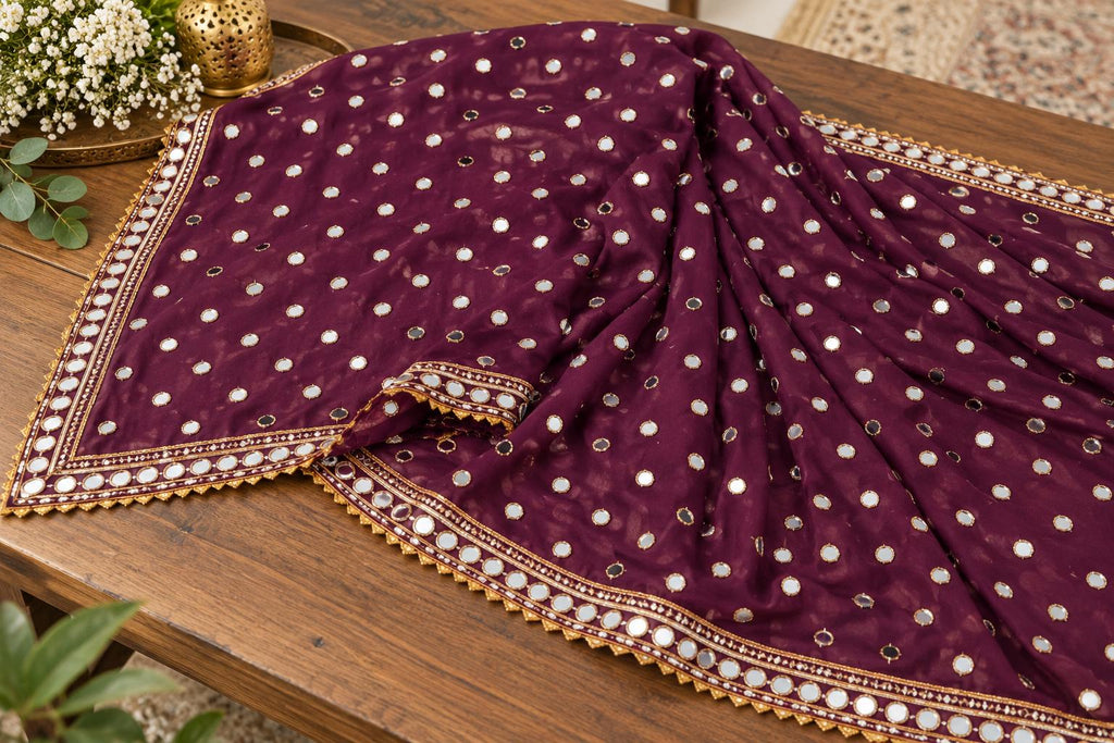 Plum Purple crepe Mirror Work Dupatta | Handmade Indian Dupatta | Bandhani Style Chiffon Dupatta | Embroidered Wedding Dupatta | Garba