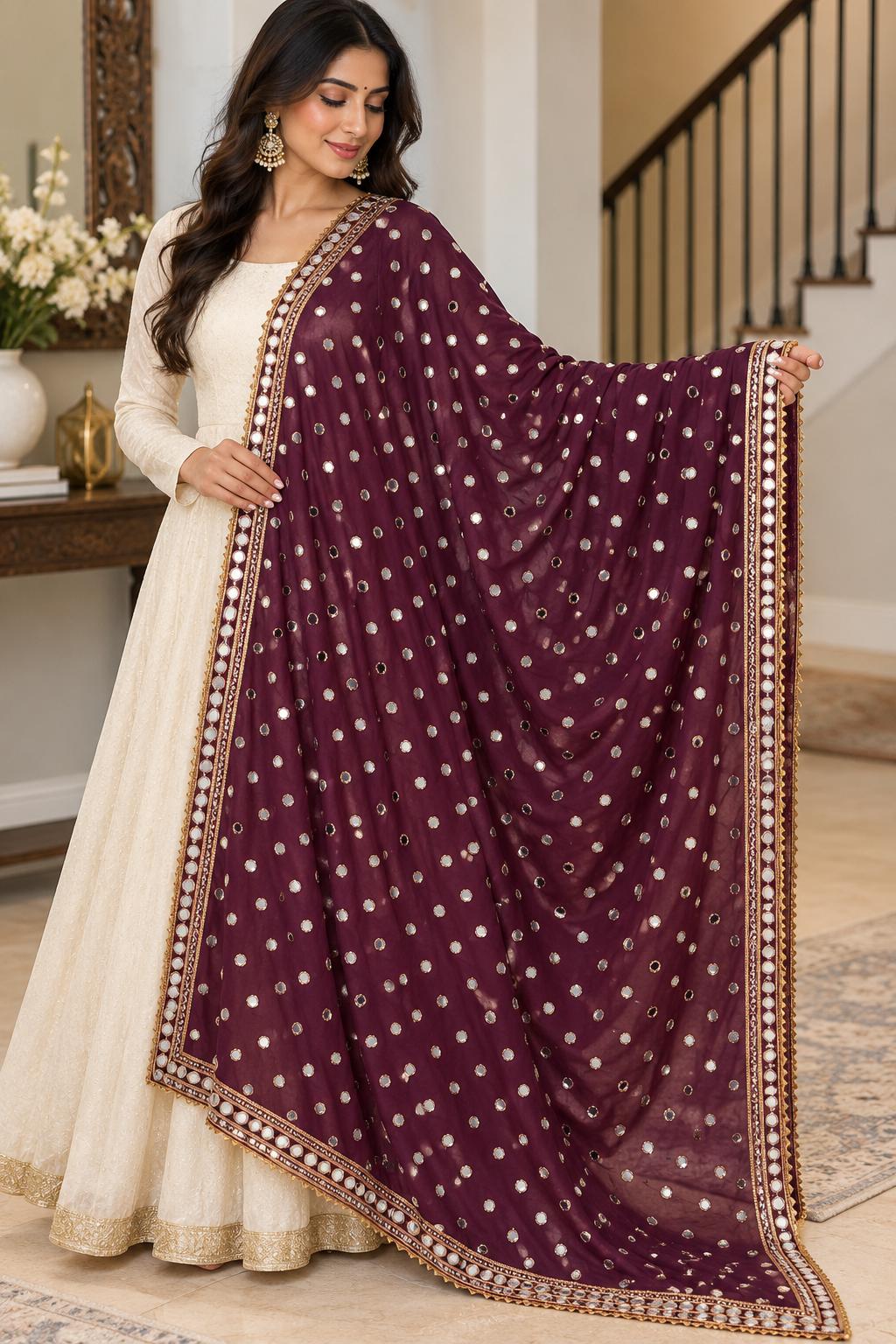 Plum Purple crepe Mirror Work Dupatta | Handmade Indian Dupatta | Bandhani Style Chiffon Dupatta | Embroidered Wedding Dupatta | Garba