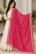 Pink crepe Mirror Work Dupatta | Handmade Indian Dupatta | Bandhani Style Chiffon Dupatta | Embroidered Wedding Dupatta | Garba