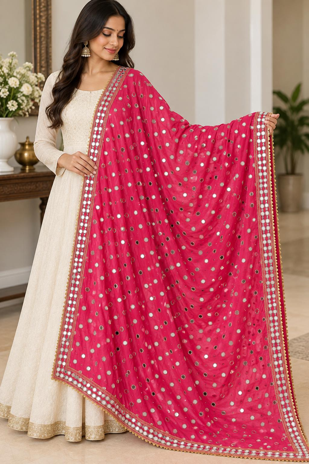Pink crepe Mirror Work Dupatta | Handmade Indian Dupatta | Bandhani Style Chiffon Dupatta | Embroidered Wedding Dupatta | Garba