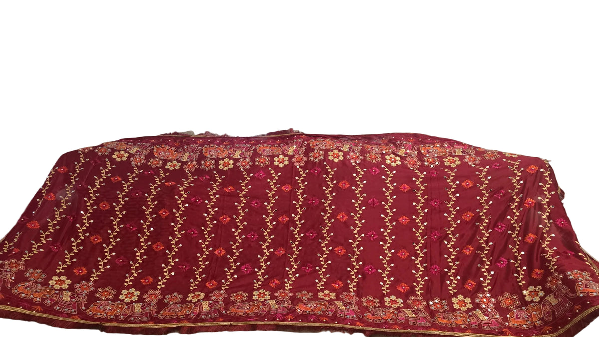 Red Handmade , Handwoven , Elegant vibrant & Authentic Multicolour Phulkari Dupatta / Indian Scarf. Hand embroidered