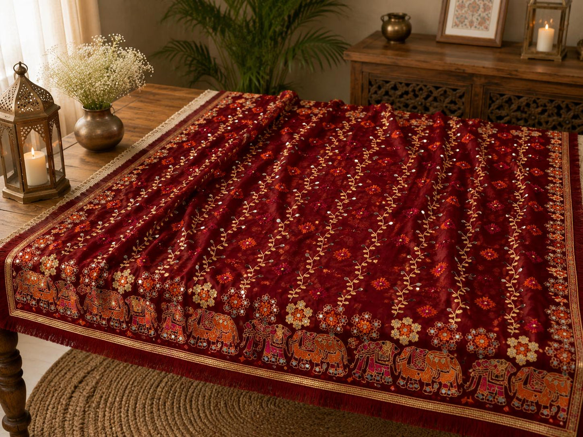 Red Handmade , Handwoven , Elegant vibrant & Authentic Multicolour Phulkari Dupatta / Indian Scarf. Hand embroidered