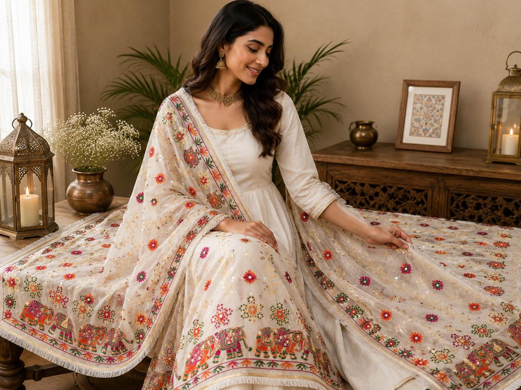 White Handmade , Handwoven , Elegant vibrant & Authentic Multicolour Phulkari Dupatta / Indian Scarf. Hand embroidered