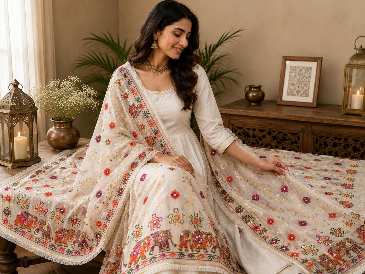 White Handmade , Handwoven , Elegant vibrant & Authentic Multicolour Phulkari Dupatta / Indian Scarf. Hand embroidered