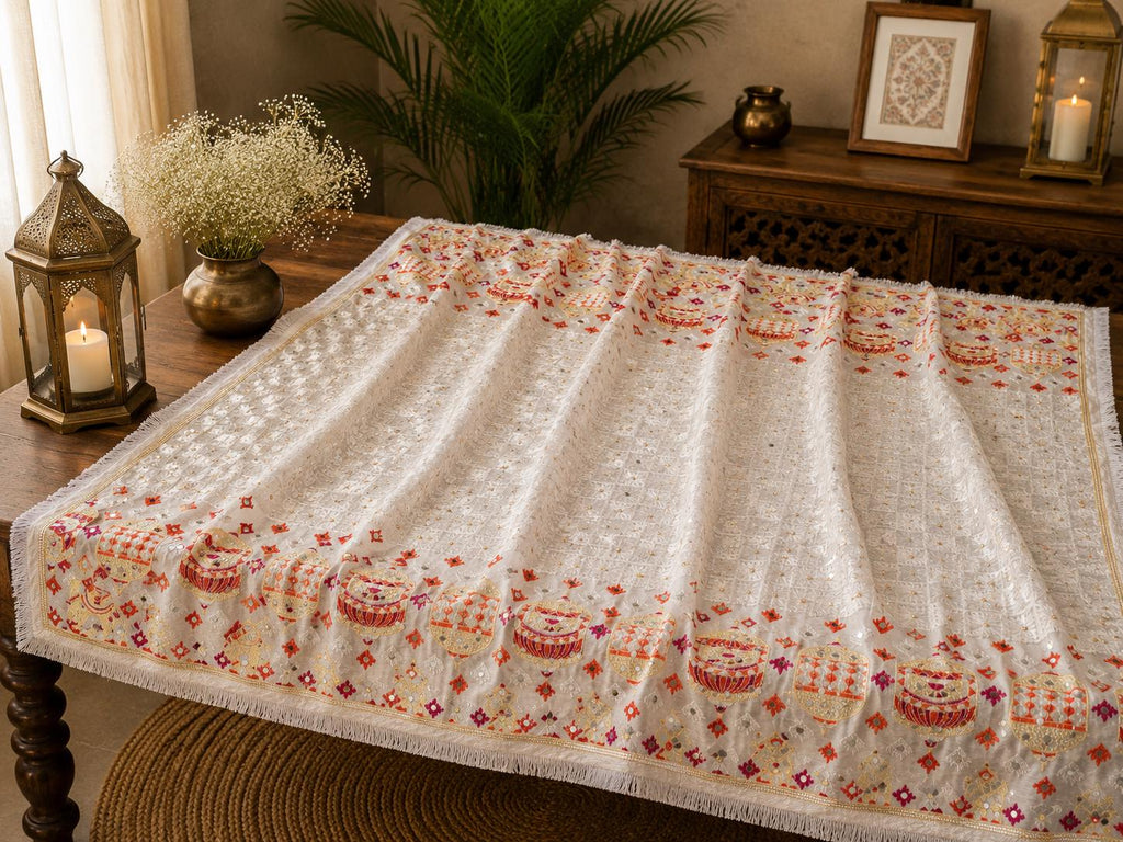 White Handmade , Handwoven , Elegant vibrant & Authentic Multicolour Phulkari Dupatta / Indian Scarf. Hand embroidered