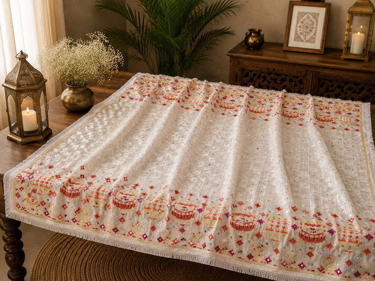 White Handmade , Handwoven , Elegant vibrant & Authentic Multicolour Phulkari Dupatta / Indian Scarf. Hand embroidered