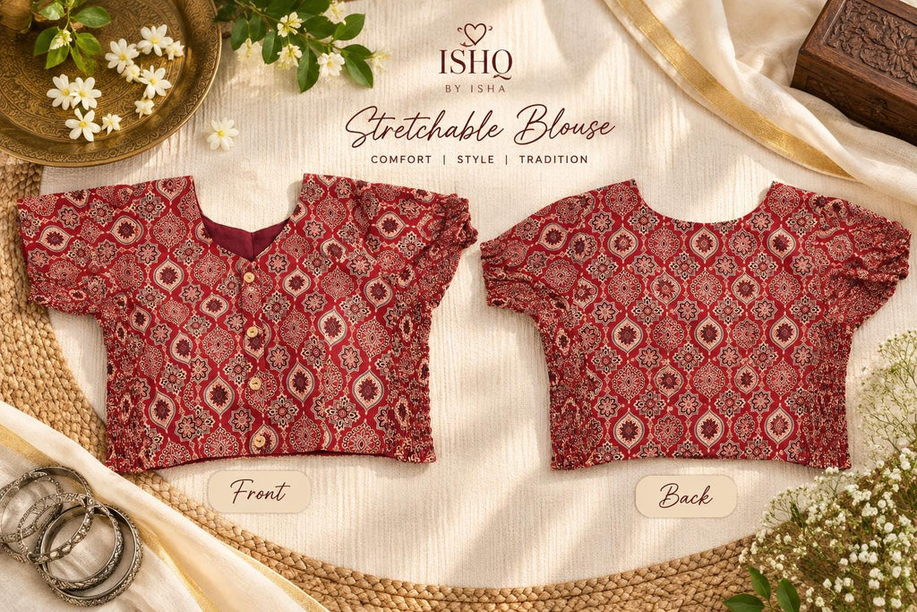 Ajrakh Stretchable Blouse | Black & Maroon Printed Indian Blouse | Garba Navratri Blouse | Fits Up to Size 42 | Ready to Wear