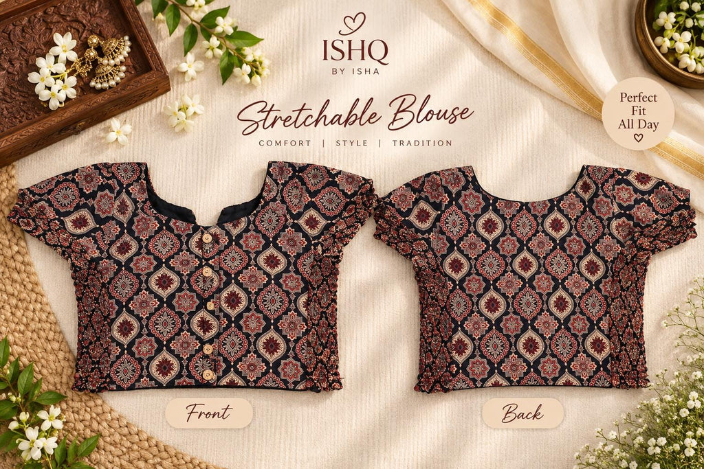 Ajrakh Stretchable Blouse | Black & Maroon Printed Indian Blouse | Garba Navratri Blouse | Fits Up to Size 42 | Ready to Wear