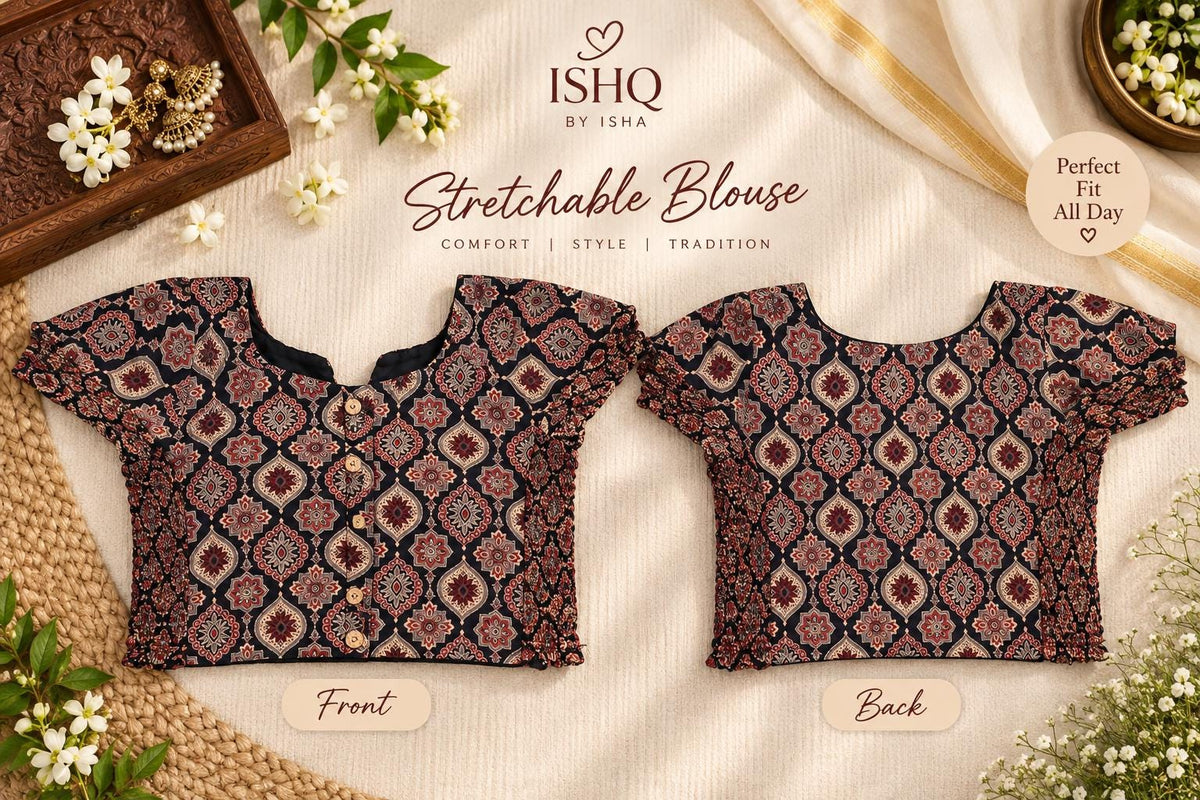 Ajrakh Stretchable Blouse | Black & Maroon Printed Indian Blouse | Garba Navratri Blouse | Fits Up to Size 42 | Ready to Wear