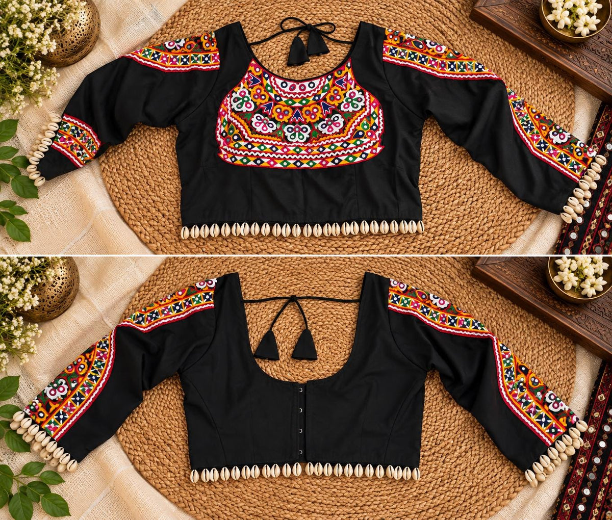 Black & White Kutch Embroidered Blouse | Gujarati Mirror Work Chaniya Choli Blouse | Navratri Garba Blouse | Shell Detail Sleeves | Handmade