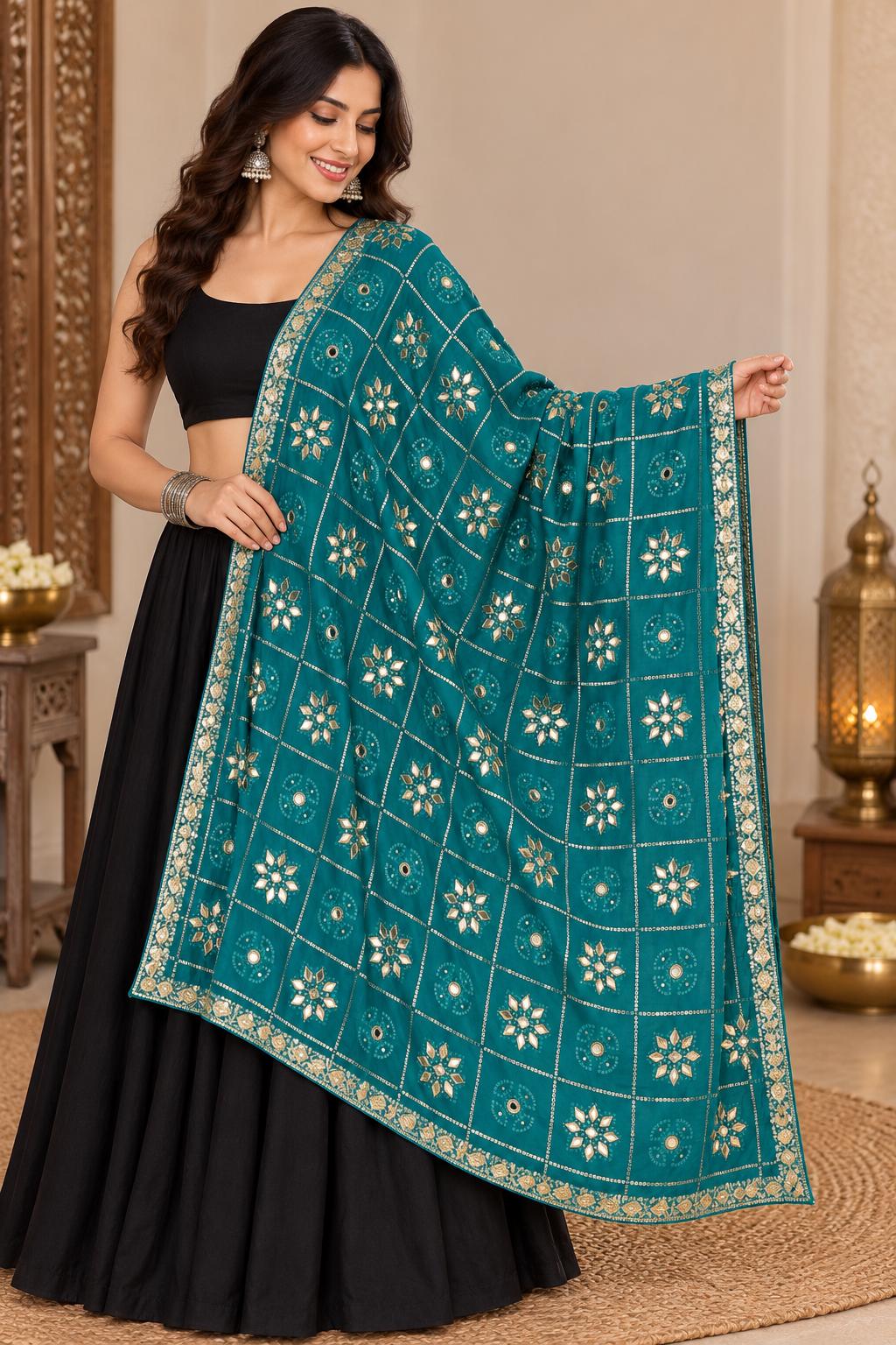 Pure Chinnon Dupatta | sea green Work Embroidery (Festive Scarf)