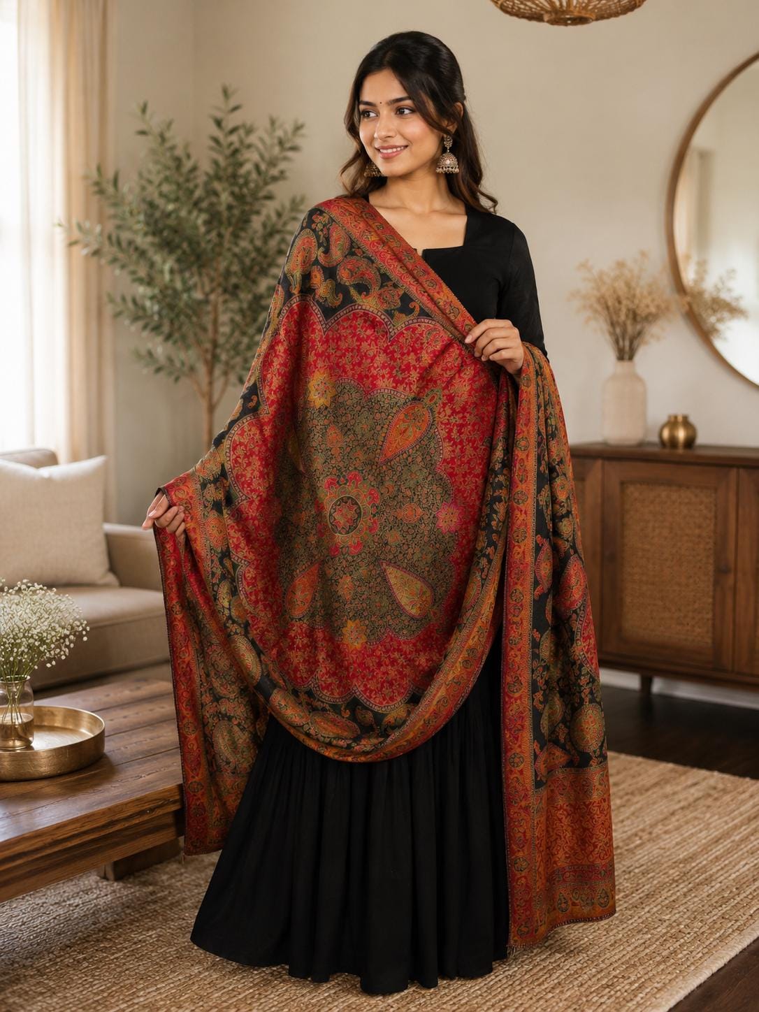Black and Red multicolour dupatta Handmade , Handwoven , Elegant vibrant & Authentic