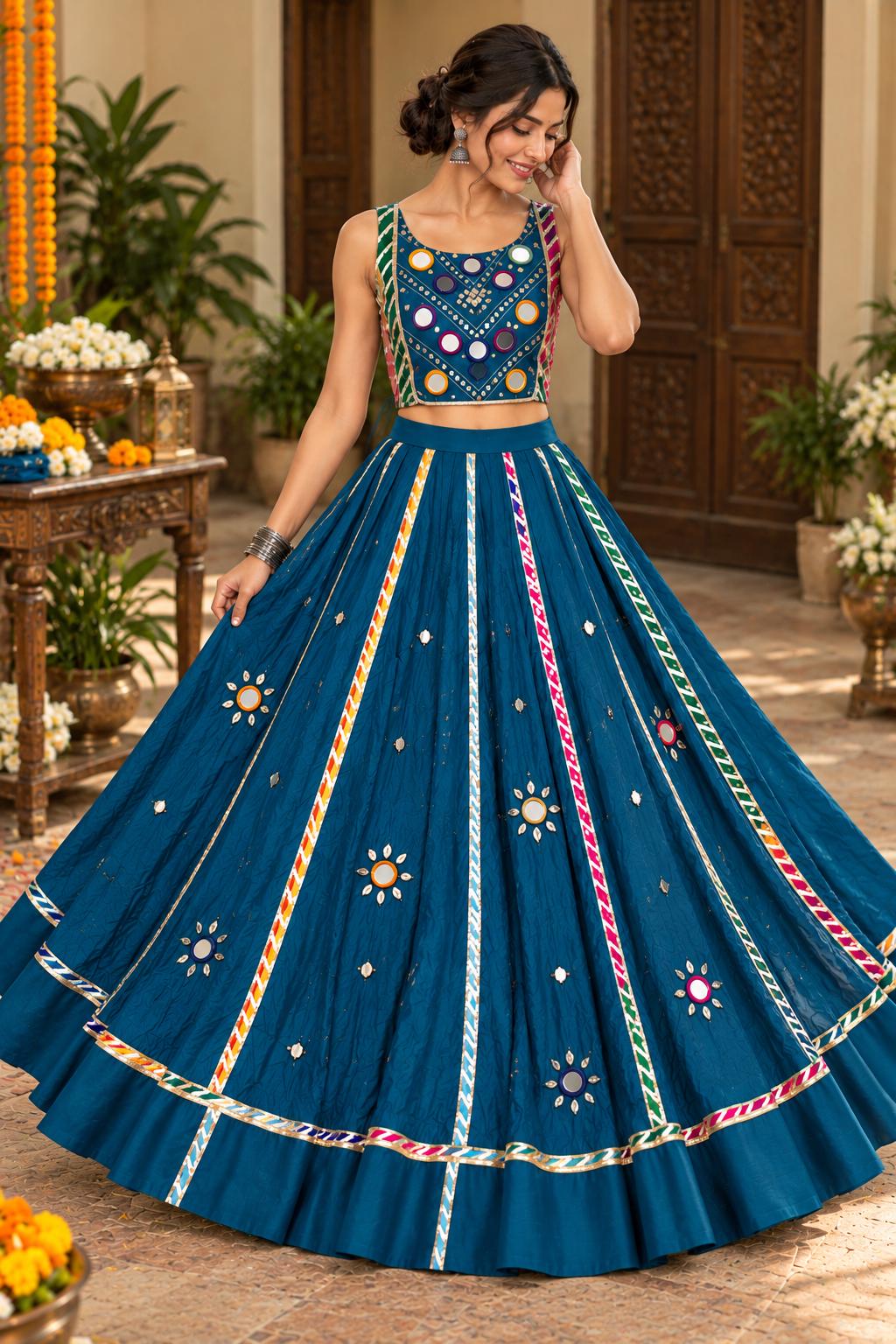 Teal Blue Navratri Lehenga Choli Set | Dandiya Garba Dress.