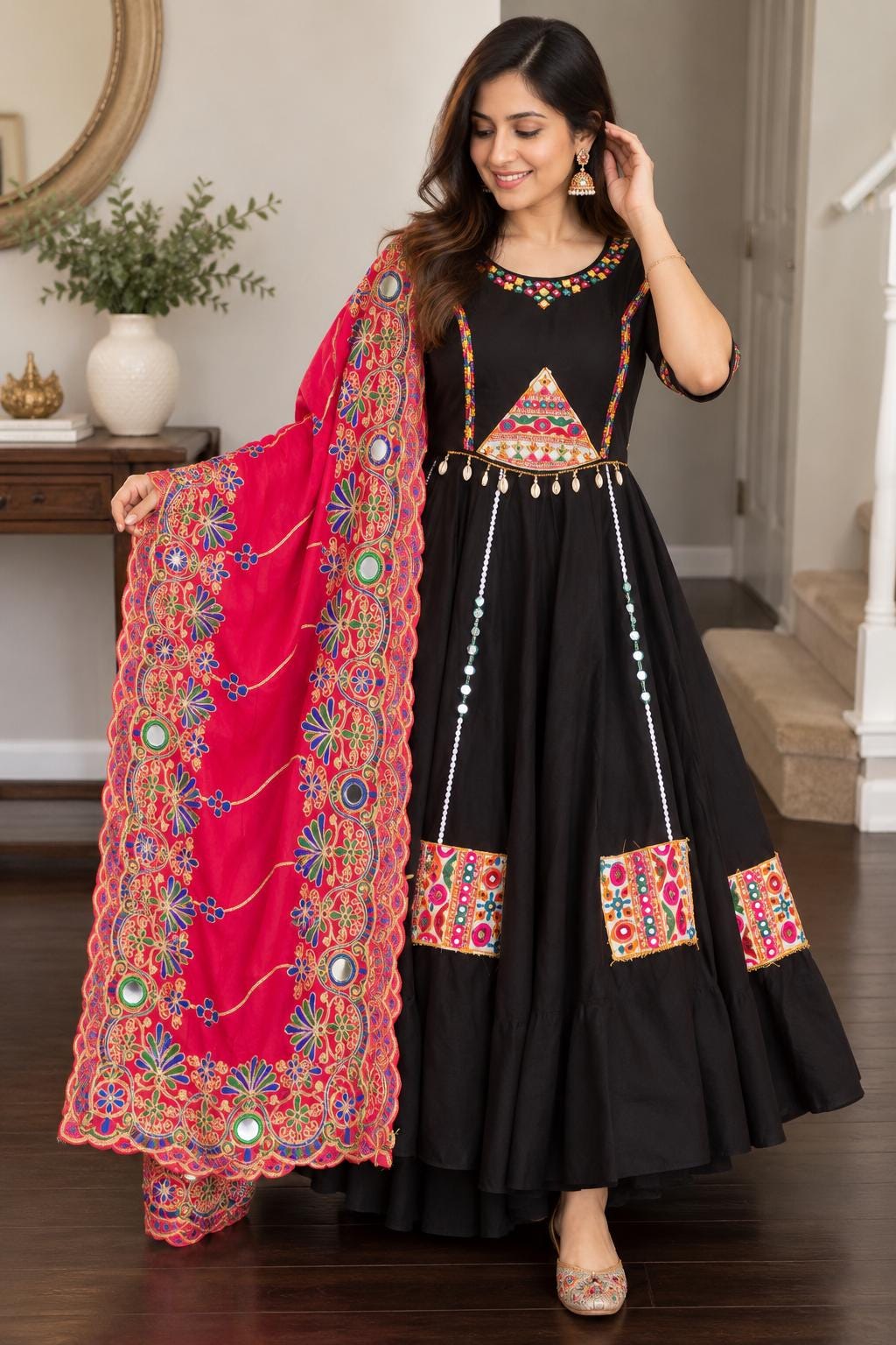 Garba Print Lehenga |black Multicolored Ethnic Skirt | Navratri Ghagra Choli | Handmade Indian Festival Outfit