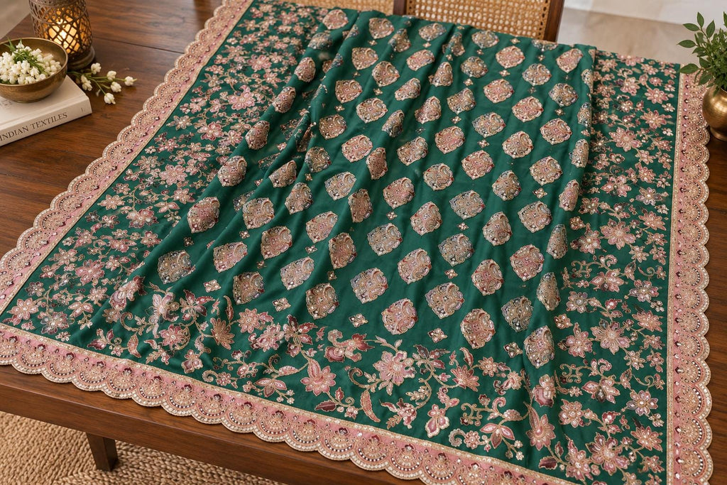 Green Embroidered chinnon Dupatta | Handmade Ethnic Dupatta | Festive Indian Dupatta | Wedding & Party