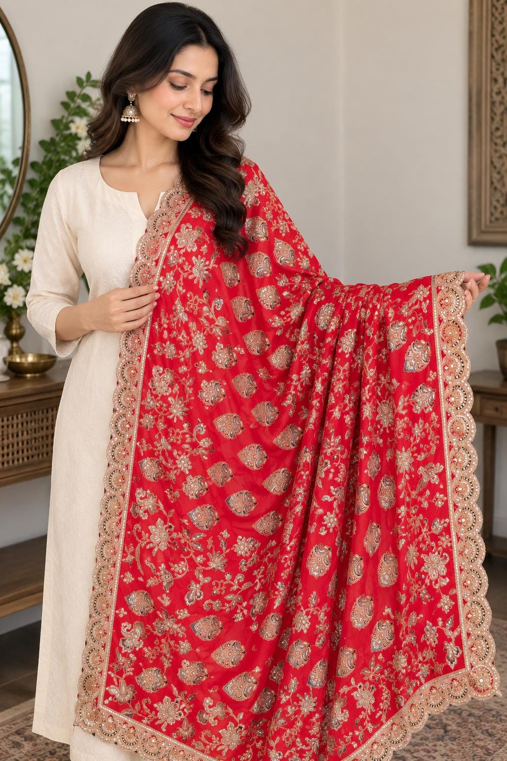 Red Embroidered chinnon Dupatta | Handmade Ethnic Dupatta | Festive Indian Dupatta | Wedding & Party