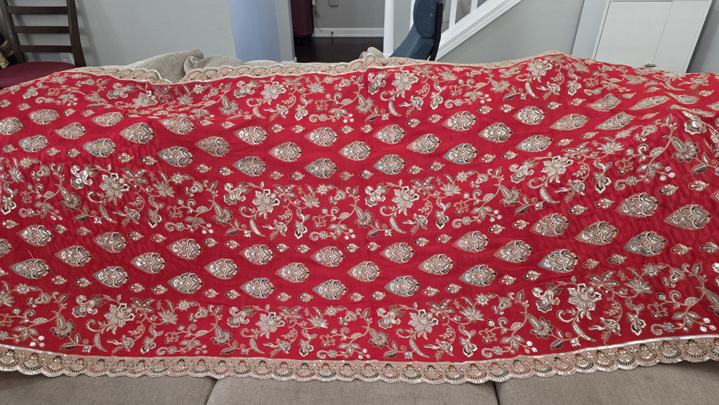Red Embroidered chinnon Dupatta | Handmade Ethnic Dupatta | Festive Indian Dupatta | Wedding & Party