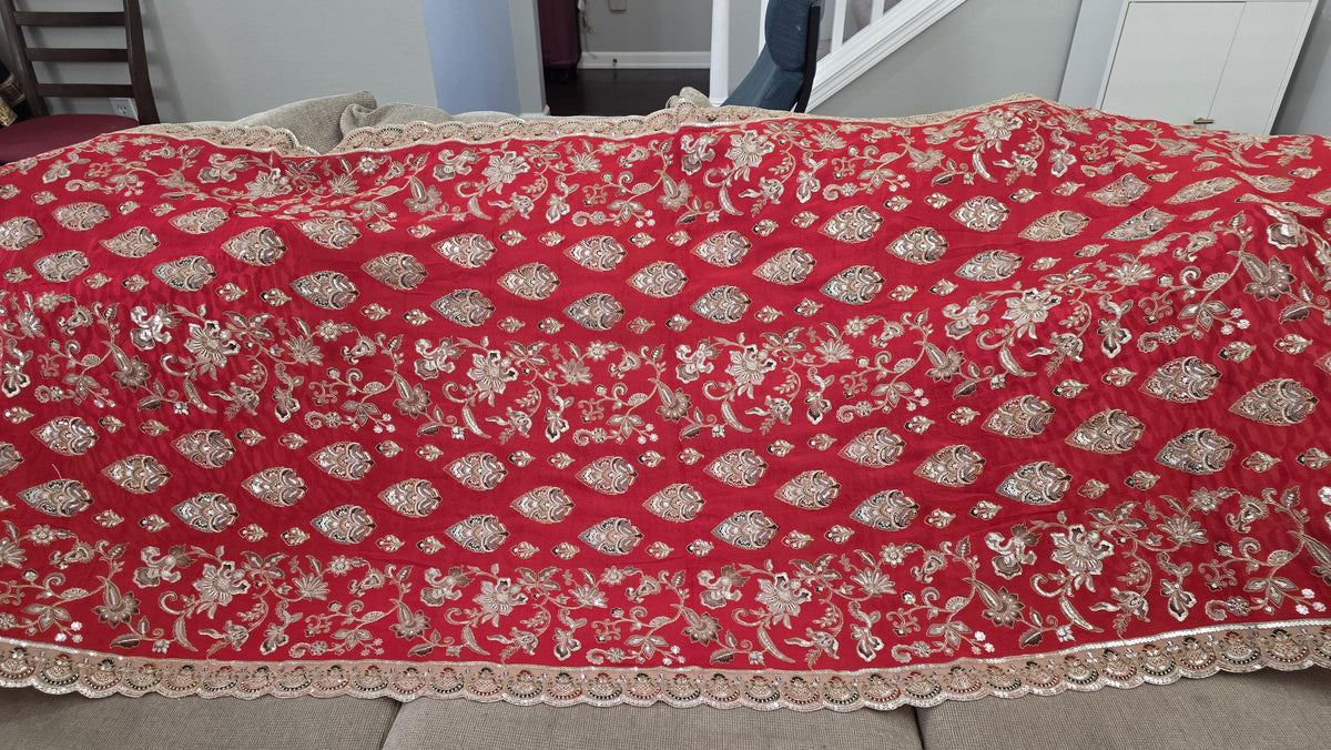 Red Embroidered chinnon Dupatta | Handmade Ethnic Dupatta | Festive Indian Dupatta | Wedding & Party