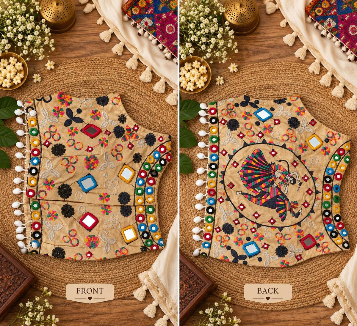 Beige Garba Blouse | Gujarati Chaniya Choli Blouse | Mirror Work Embroidered Blouse | Navratri Dandiya Blouse |