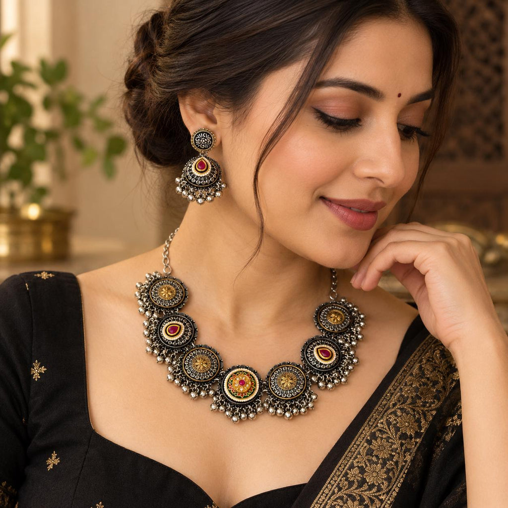Oxidized Silver Necklace Set with earings Jewelry, Garba Jewelry, Navratri Necklace, Gujarati Jewelry, Boho Statement Jewelry ( code 2)