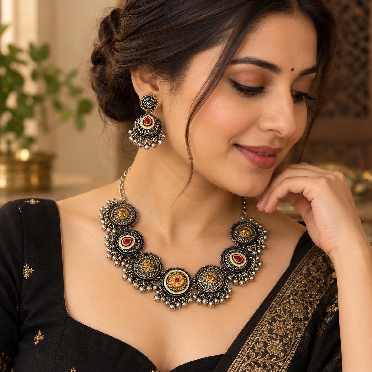Oxidized Silver Necklace Set with earings Jewelry, Garba Jewelry, Navratri Necklace, Gujarati Jewelry, Boho Statement Jewelry ( code 2)