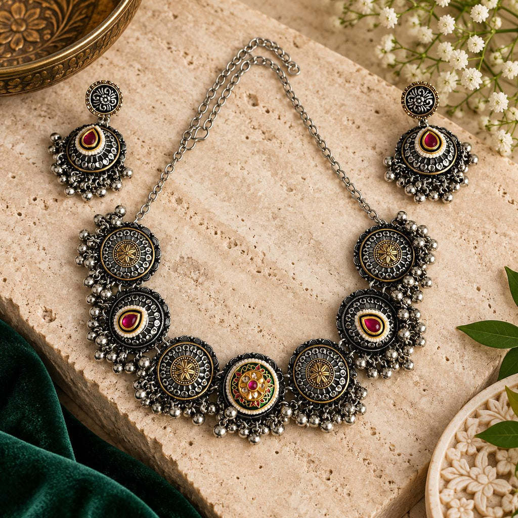 Oxidized Silver Necklace Set with earings Jewelry, Garba Jewelry, Navratri Necklace, Gujarati Jewelry, Boho Statement Jewelry ( code 2)