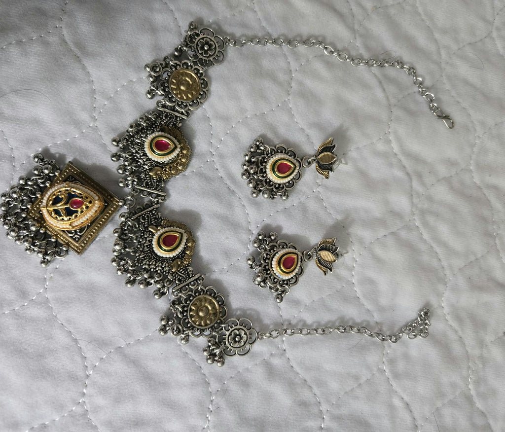 Oxidized Silver Necklace Set with earings Jewelry, Garba Jewelry, Navratri Necklace, Gujarati Jewelry, Boho Statement Jewelry ( code 6)