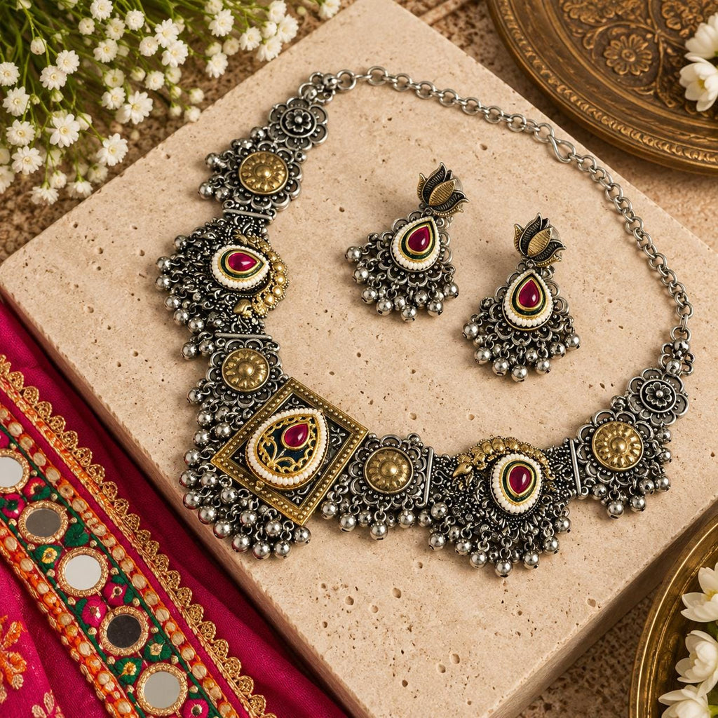 Oxidized Silver Necklace Set with earings Jewelry, Garba Jewelry, Navratri Necklace, Gujarati Jewelry, Boho Statement Jewelry ( code 6)