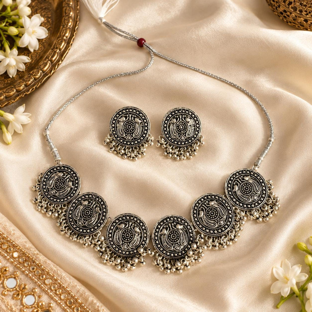 Oxidized Silver Necklace Set with earings Jewelry, Garba Jewelry, Navratri Necklace, Gujarati Jewelry, Boho Statement Jewelry ( code 7)