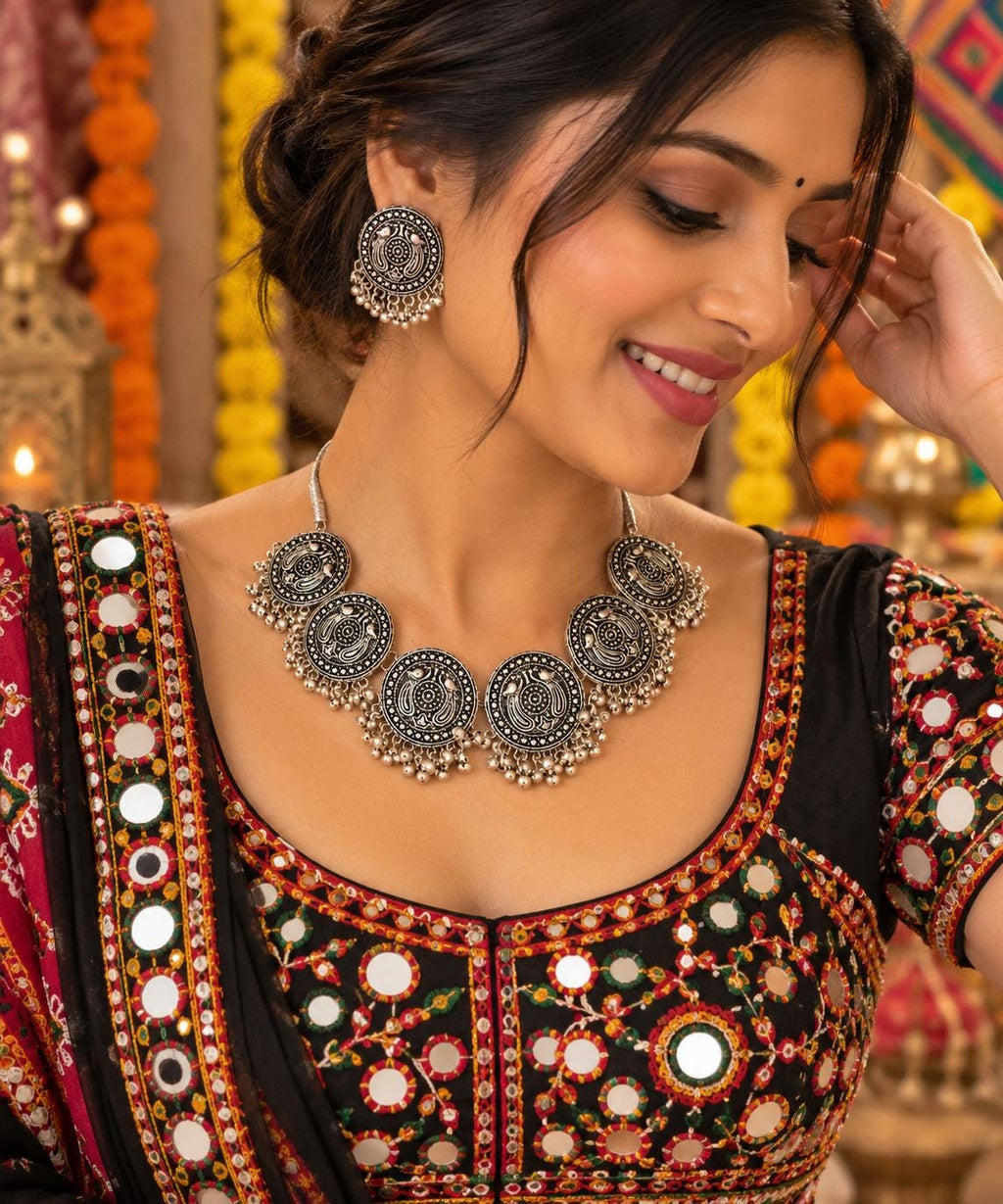 Oxidized Silver Necklace Set with earings Jewelry, Garba Jewelry, Navratri Necklace, Gujarati Jewelry, Boho Statement Jewelry ( code 7)