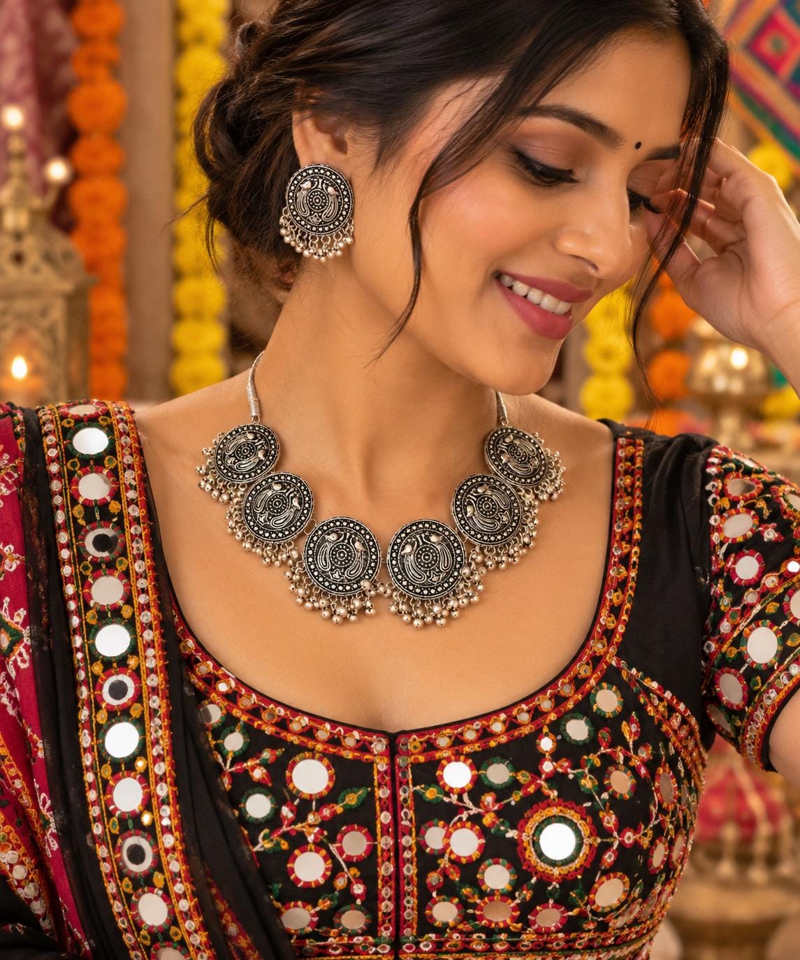 Oxidized Silver Necklace Set with earings Jewelry, Garba Jewelry, Navratri Necklace, Gujarati Jewelry, Boho Statement Jewelry ( code 7)